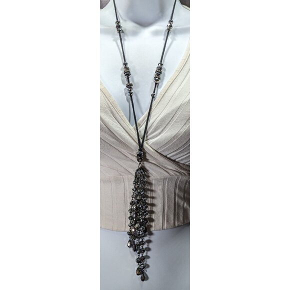 Glam Goth Mirror Finish Glass Beaded Tassel Necklace - Picture 2 of 6